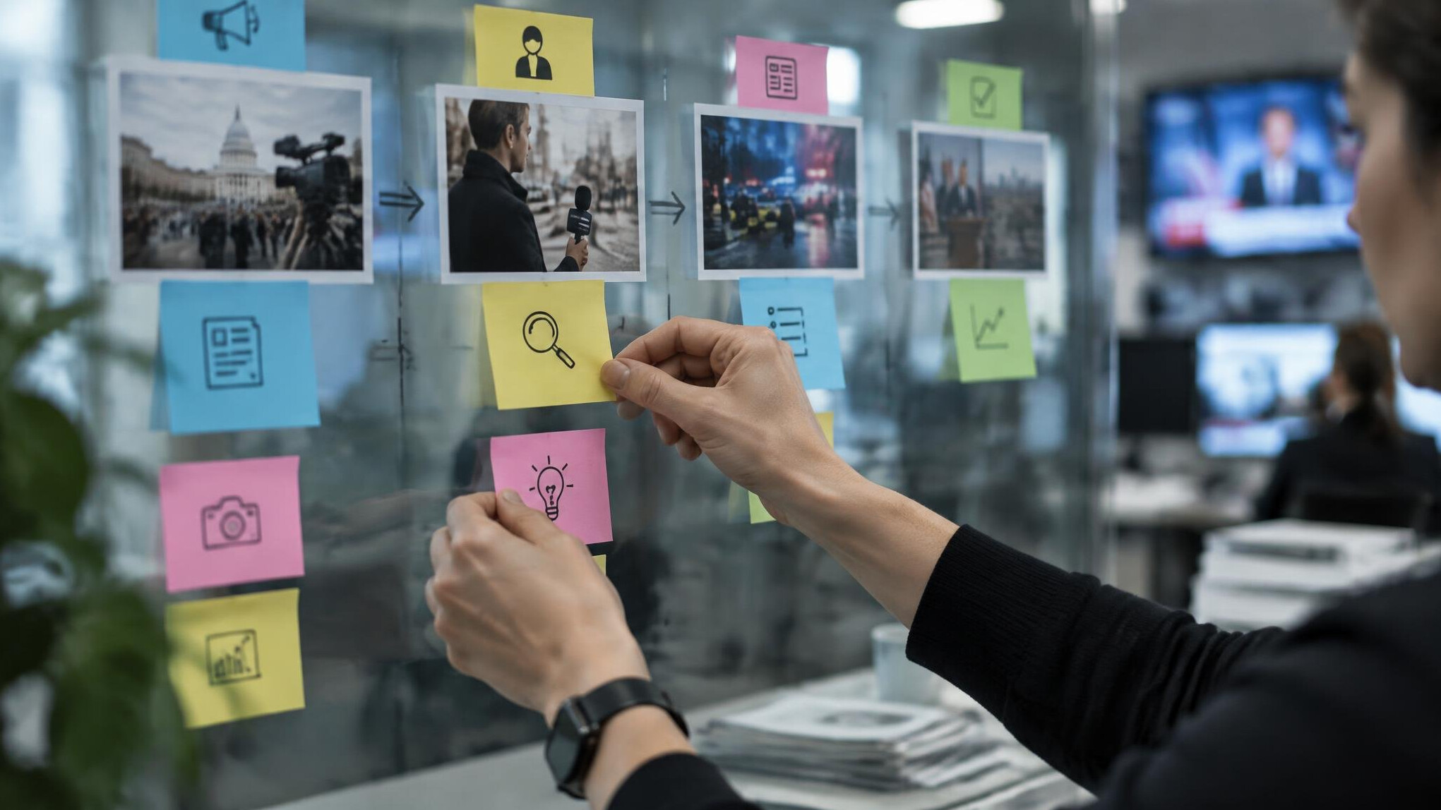 Editor organizing a story outline on a storyboard