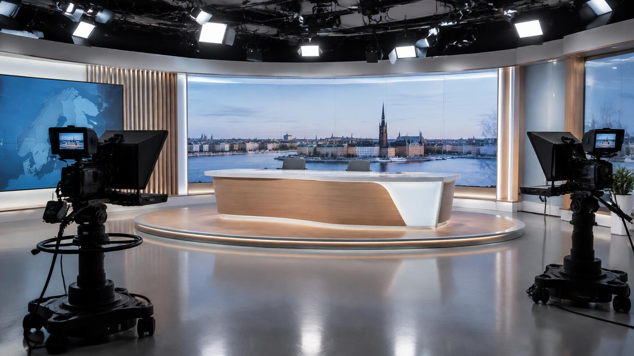 Empty television news studio set with lighting rigs